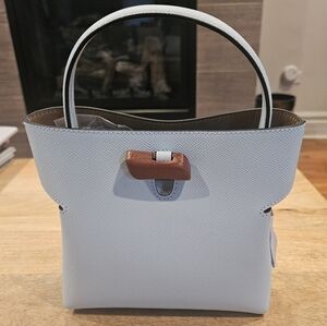 Culbia Gaia Blue Leather Top Handle Bag With Wood Toggle